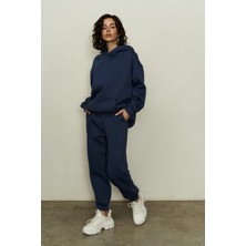Yakamel Kadın Lacivert 3iplik Oversize Eşofman Takımı