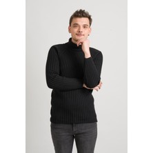 Akçaylar Slimfit Kendinden Çizgili Tam Balıkçı Pamuklu Kalın Triko Erkek Kazak