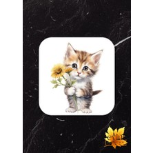 Papatyalı Kedi Baskılı Özel Tasarım Baskılı Mdf Kare Bardak Altlığı