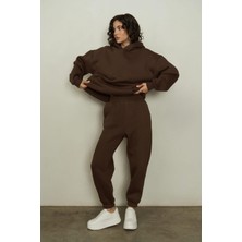 Yakamel Kadın Kahverengi 3iplik Oversize Eşofman Takımı