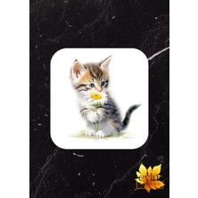 Papatyalı Kedi Baskılı Özel Tasarım Baskılı Mdf Kare Bardak Altlığı