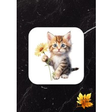 Papatyalı Kedi Baskılı Özel Tasarım Baskılı Mdf Kare Bardak Altlığı