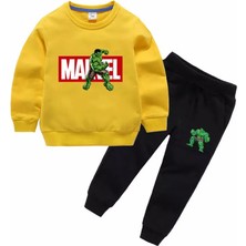 Kids Face Özel Tasarım Bisiklet Yaka Marvel Hulk Baskılı %100 Pamuk 3 Iplik Şardonlu Kışlık Erkek Çocuk Eşofman  Takımı