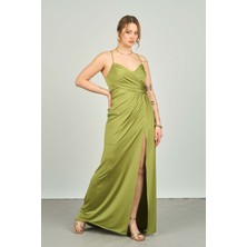 Şeref Vural Kadın Ip Askılı Uzun Abiye Elbise 8053 Fıstık Yeşili