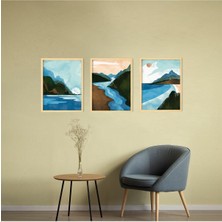 Ayışığı Dizayn Rocky Landscape-Kayalık Manzara Doğal Ahşap Çerçeveli 3'lü Tablo Seti