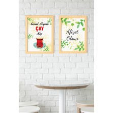 Ayışığı Dizayn Mutfak Çay Doğal Ahşap Çerçeveli 2'li Tablo Seti