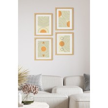 Ayışığı Dizayn Soyut Geometrik Doğal Ahşap Çerçeveli 4'lü Tablo Seti