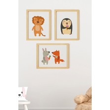 Ayışığı Dizayn Çocuk Odası Doğal Ahşap Çerçeveli 3'lü Tablo Seti