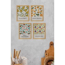 Ayışığı Dizayn Mutfak Meyve Doğal Ahşap Çerçeveli 4'lü Tablo Seti