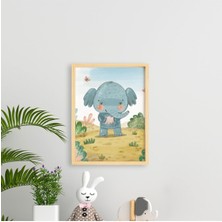 Ayışığı Dizayn Çocuk Meadow Elephant-Kırda Fil Doğal Ahşap Çerçeveli Tekli Tablo Seti