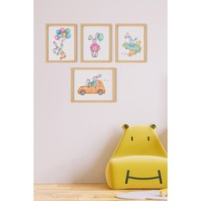 Ayışığı Dizayn Çocuk Odası Doğal Ahşap Çerçeveli 4'lü Tablo Seti