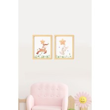 Ayışığı Dizayn Çocuk Odası Sevimli Hayvanlar Doğal Ahşap Çerçeveli 2'li Tablo Seti