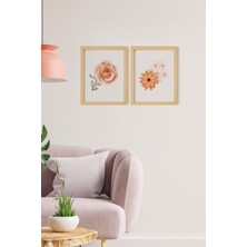 Ayışığı Dizayn Bohem & Iskandinav Mercan Çiçek Doğal Ahşap Çerçeveli 2'li Tablo Seti