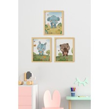 Ayışığı Dizayn Çocuk Odası Doğal Ahşap Çerçeveli 3'lü Tablo Seti
