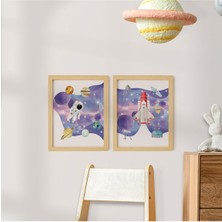 Çocuk & Bebek Odası Uzay-Space Doğal Ahşap Çerçeveli 2'li Tablo Seti