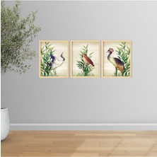 Ayışığı Dizayn Birds In The Field-Tarladaki Kuşlar Doğal Ahşap Çerçeveli 3'lü Tablo Seti
