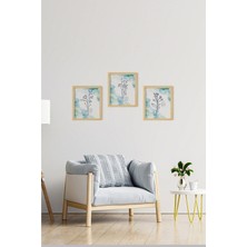 Ayışığı Dizayn Soyut Blue Flower Doğal Ahşap Çerçeveli 3'lü Tablo Seti
