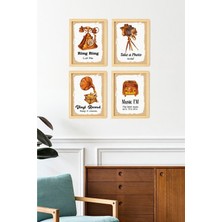 Ayışığı Dizayn Vintage Doğal Ahşap Çerçeveli 4'lü Tablo Seti