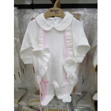 Sonem Baby Beyaz Pembe Biye Detaylı Yenidoğan 3 Parça Penye Tulum Set