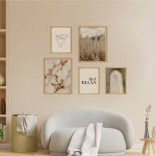 Ayışığı Dizayn Relax-Rahatla Doğal Ahşap Çerçeveli Çoklu 5'li Tablo Seti