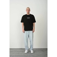 Tarz Yeri Unisex Baskılı Bisiklet Yaka Oversize T-Shirt - Siyah