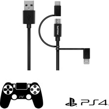 Philips Playstation 4 / 5 Ile Uyumlu  Joystick Şarj Kablosu Mfı Apple Lisanslı 3in1 Micro Usb-Lightining-Type-C Hızlı Şarj ve Data Kablosu 2m Siyah DLC3106T