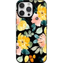 Casen iPhone 13 Pro Max Yağlı Boya Çiçekler Tasarımlı Siyah Renkli Silikon Telefon Kılıfı