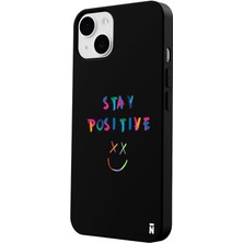 Casen iPhone 15 Stay Positive Tasarımlı Siyah Renkli Silikon Telefon Kılıfı