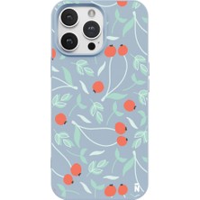 Casen iPhone 13 Pro Max Kiraz Bahçesi Tasarımlı Mavi Renkli Silikon Telefon Kılıfı