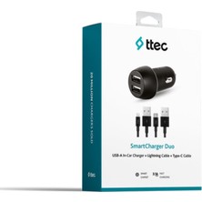 Ttec 15.5W 3.1A 1 Metre Iphone Lightning ve 1.2 Metre Type C Kablolu Araç Şarj Cihazı, Akım ve Isı Korumalı