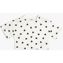 Koton Crop Tişört Kalp Baskılı Kısa Kollu Bisiklet Yaka Pamuklu