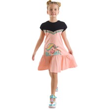 Denokids Çiçekli Unicorn Kız Çocuk Somon Siyah Elbise