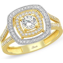 Lilarote Çift Şeritli Beyaz Sarı Tektaşlı Altın Yüzük