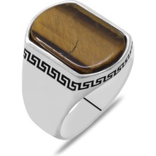 Okyanus Silver Flat Tasarım Kaplan Gözü Taşlı 925 Ayar Gümüş Erkek Yüzük