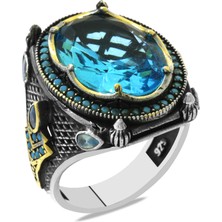 Okyanus Silver Faset Kesim Turkuaz Zirkon Taşlı Yanları Meşalee Detaylı 925 Ayar Gümüş Erkek Yüzük