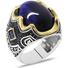 Okyanus Silver Mavi Kaplangözü Taşlı Yanları Gravür Işlemeli 925 Ayar Gümüş Erkek Yüzük