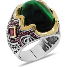 Okyanus Silver Yeşil Kaplangözü Taşlı Yanları Gravür Işlemeli 925 Ayar Gümüş Erkek Yüzük