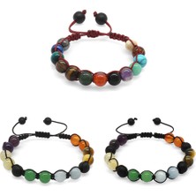 Okyanus Silver Makrome Örgülü Küre Kesim Multicolor Doğaltaş Kombinli Erkek-Kadın-Genç Başarı Bilekliği(3lü Set)