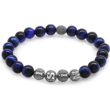 Okyanus Silver Mavi Kaplangözü Metal Kombinli Kişiye Özel Isim Yazılı Küre Kesim Doğaltaş Bileklik