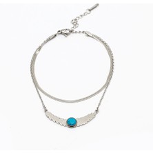 Okyanus Silver Gümüş Renk Snake Zincirli Firuze Doğaltaş Kombinli Buğday Tasarım Kadın Bileklik