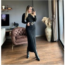 Madame Melek Zr Model Yırtmaç Detaylı Siyah Kot Etek