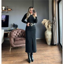 Madame Melek Zr Model Yırtmaç Detaylı Siyah Kot Etek
