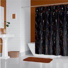 Tropik Home Duş Perdesi Çift Kanat 2X120X200CM Siyah Mermer Desen Banyo Perdesi 16 Adet C Halka Hediyeli