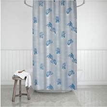 Tropik Home Banyo Perdesi Mavi Yunus Desen Yerli Üretim Duş Perdesi C-Halka Hediye 180X200CM Banyo Perdesi
