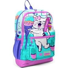 Coral High Dört Bölmeli Turkuaz Pembe Dondurmalı Kedi Desenli Okul Sırt Çantası