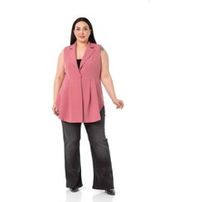 Disentis Modest Büyük Beden Kaplama Düğmeli Eteği Pileli Arkası Kısa Gül Kurusu Yelek