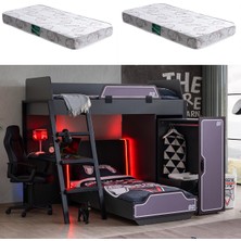 Setay Oyuncu Odası, Gamer Ranza Ledli Karyola Masa Dolap + 2 Adet Comfort Yatak