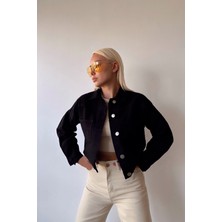 Bacc Siyah Çift Cepli Crop Yıkamalı Denim Ceket