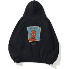 The Wert Unisex Spidey Kartlar Ön Arka Baskılı Siyah Sweatshirt Hoodie