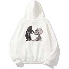The Wert Unisex Skull And Cat Kedi Sevgisi Ön Arka Baskılı Beyaz Sweatshirt Hoodie